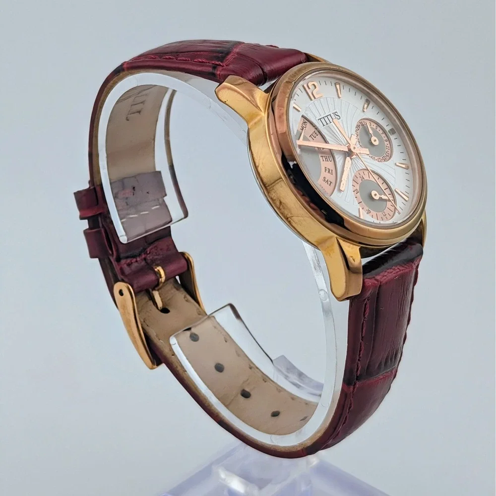 Titus Retrograde Multifunction Rose Gold Burgundy Leather Women's Watch 29mm